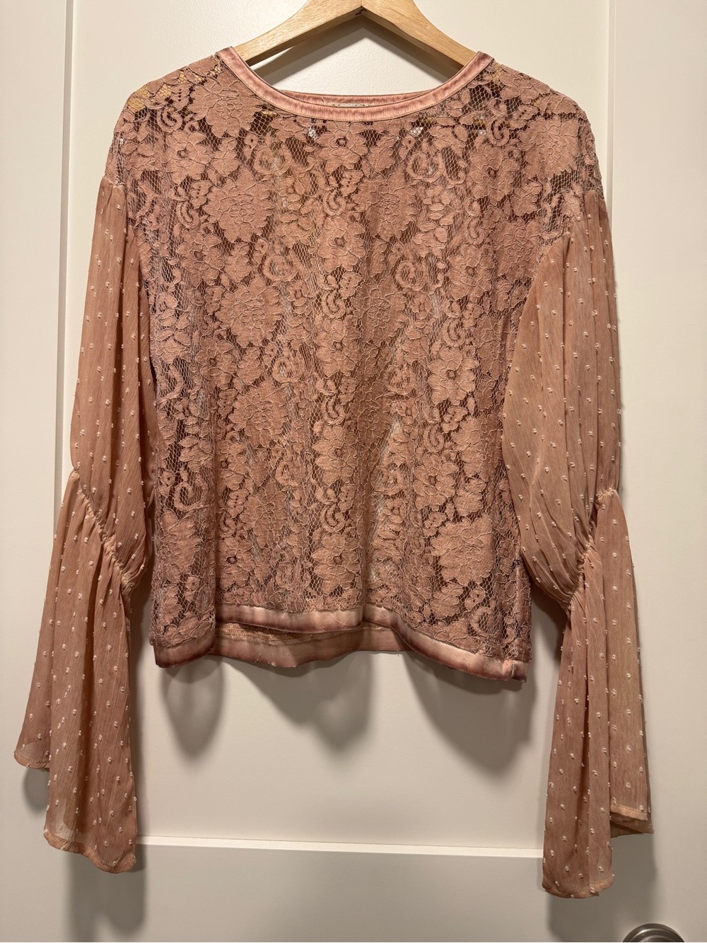 gimmicks by BKE Dusty Rose Lace & Sheer Dot Blouse